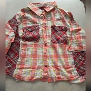 NWOT POL MISSES SZ SMALL Red Orange Plaid Button-Front ShortSleeve Top